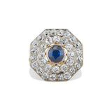 Art Deco Blue Sapphire and Old Mine Cut Diamond Double Halo Ring