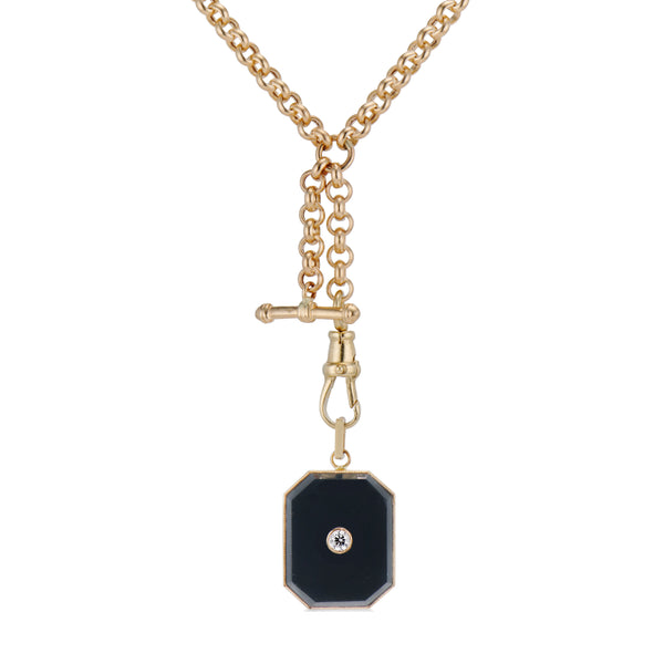 LARGE ONYX DIAMOND BEZEL CHARM and ALBERT CHAIN WITH DOG CLIP CLASP