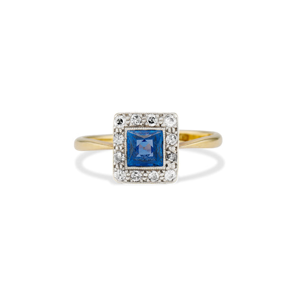 French Cut Blue Sapphire and Diamond Ring