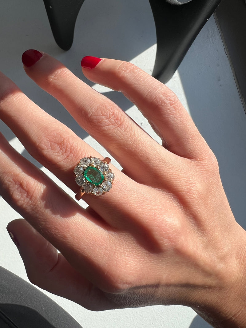 Victorian Emerald and Old Mine Cut Diamond Cluster Ring Ashley