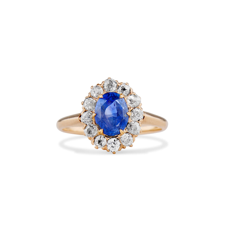 Petite Burma No Heat Sapphire and Old Mine Diamond Cluster Ring