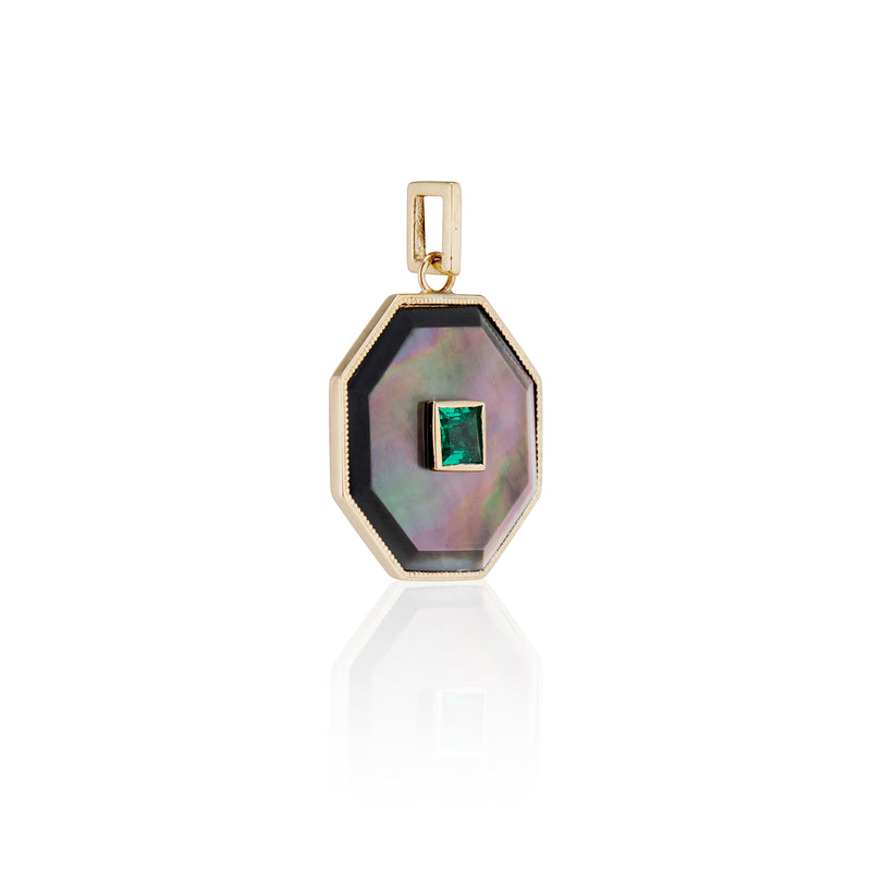 Gray Mother of Pearl and Emerald Octagon Charm