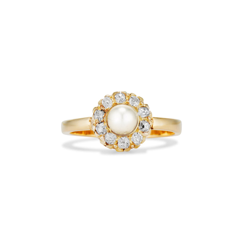 Petite Old Mine Cut Diamond and Pearl Cluster Ring