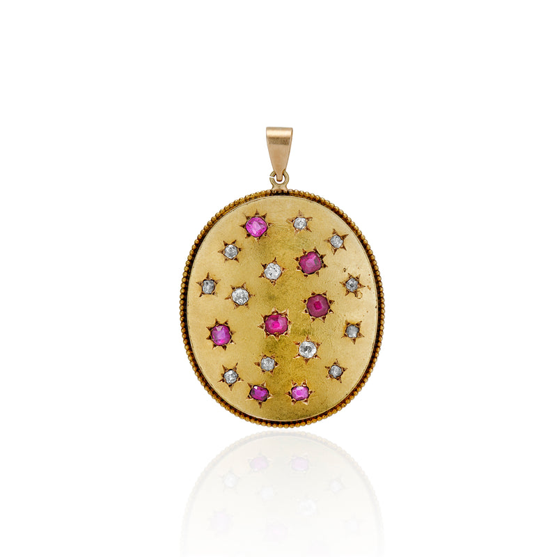 Etruscan Revival Diamond and Ruby Starburst Pendant