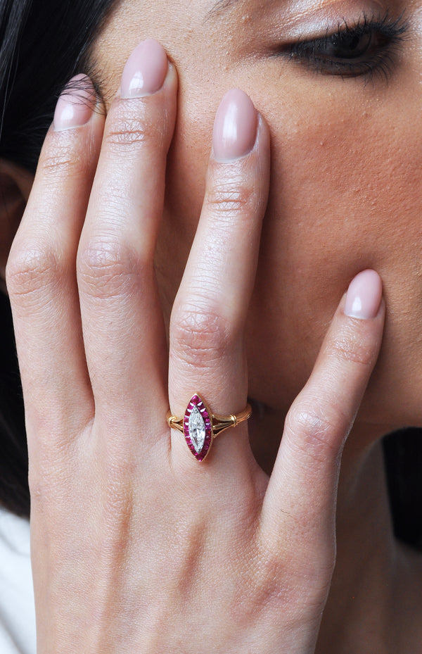 Belle Epoque Marquise Diamond and Ruby Ring