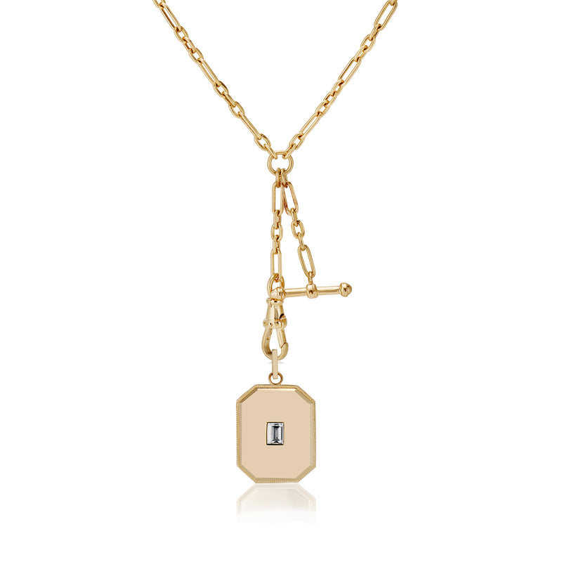 Large Gold Diamond Baguette Cut Bezel Charm and Eames Albert Chain