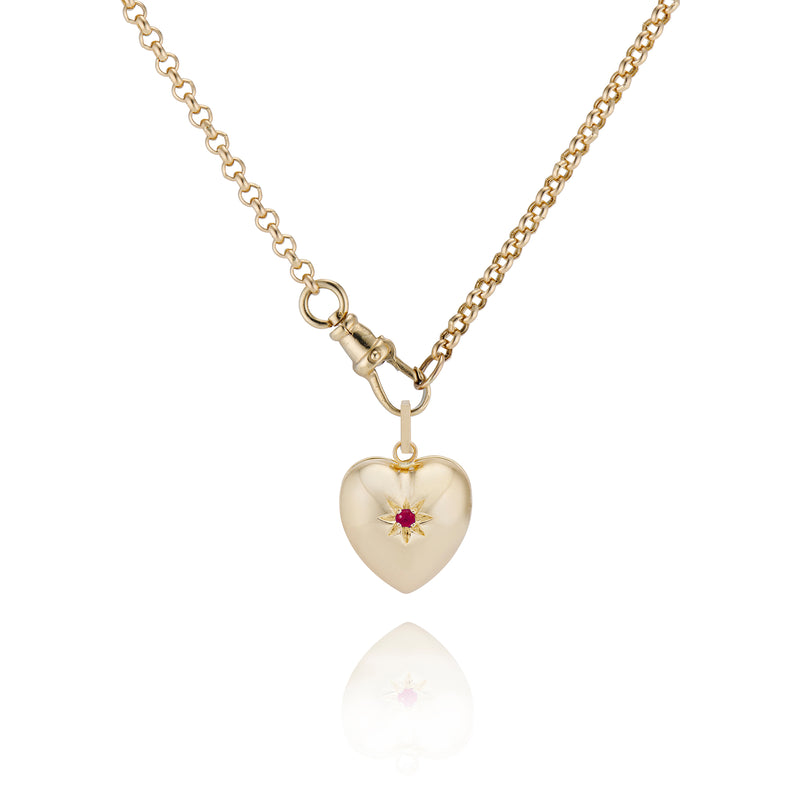 Ruby Start Heart Locket and Small Belcher Chain with Dog Clasp