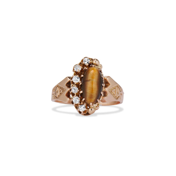 Tiger's Eye and Half Cluster Diamond Ring