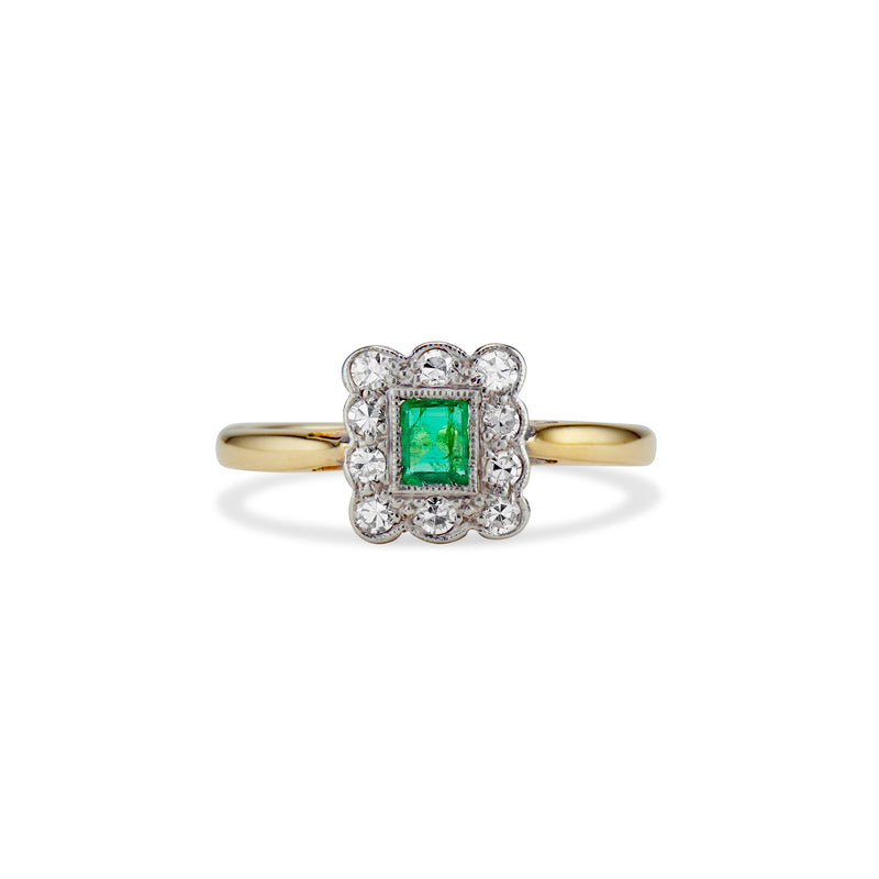 Mid Century Emerald and Single Cut Diamond Ring