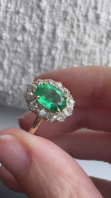 Midcentury Emerald and Diamond Cluster Ring