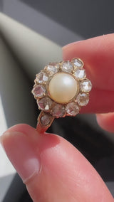 Rose Cut Diamond and Pearl Cluster Ring