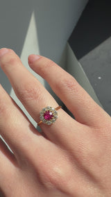 Ruby and Old Mine Cut Diamond Halo Cluster Ring