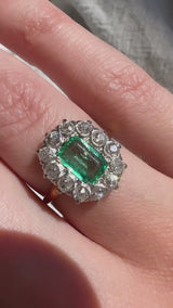 Emerald and Old Mine Cut Diamond Cluster Ring