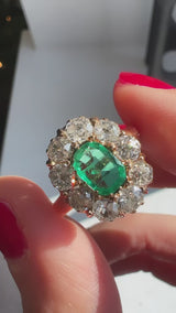 Victorian Emerald and Old Mine Cut Diamond Cluster Ring
