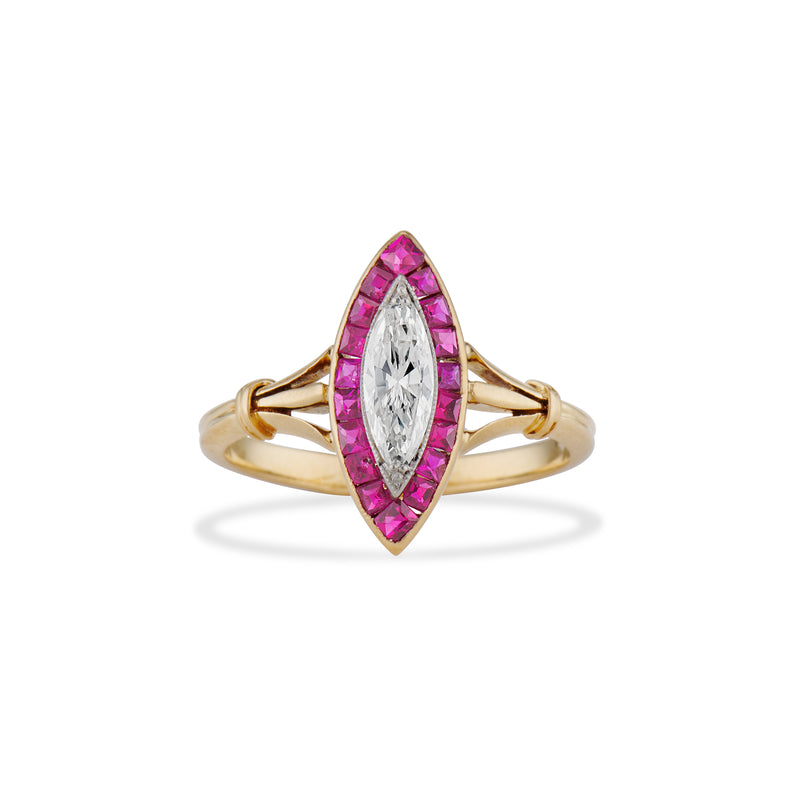 Belle Epoque Marquise Diamond and Ruby Ring