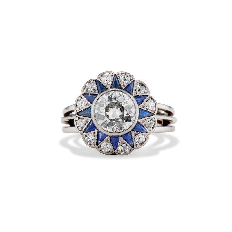 Deco Sapphire Star and Diamond Halo Ring
