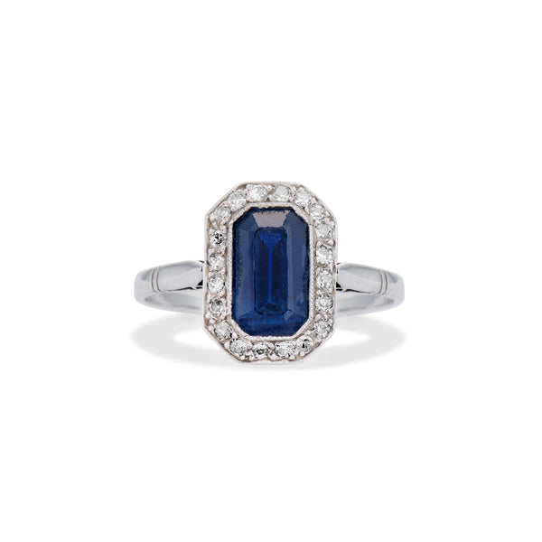 Sapphire Diamond Halo Deco Ring