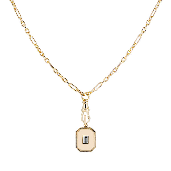 GOLD DIAMOND BAGUETTE CUT BEZEL CHARM and EAMES KATE CHAIN WITH DOG CLIP CLASP