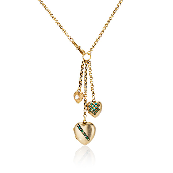 Three Hearts Pearl and Turquoise Locket Necklace