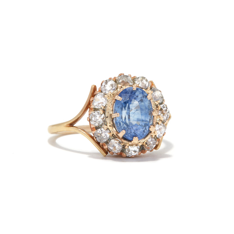 BLUE SAPPHIRE OLD MINE CUT DIAMOND HALO RING