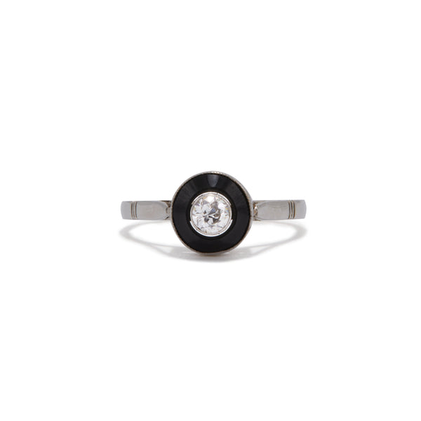 French Platinum Onyx and Diamond Ring