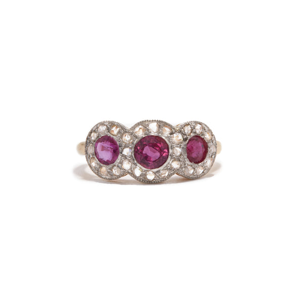 Three Stone Ruby and Diamond Cluster Ring