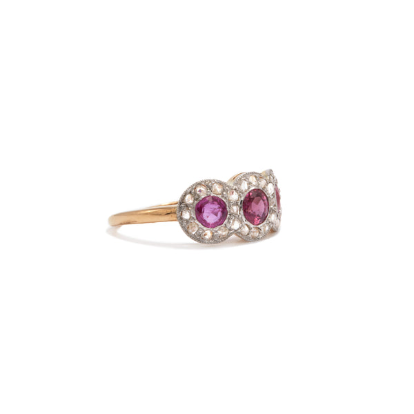 Three Stone Ruby and Diamond Cluster Ring