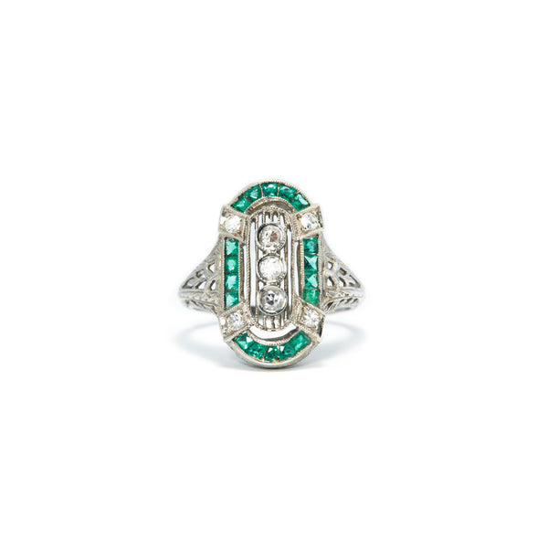 Art Deco Green Glass and Diamond Ring