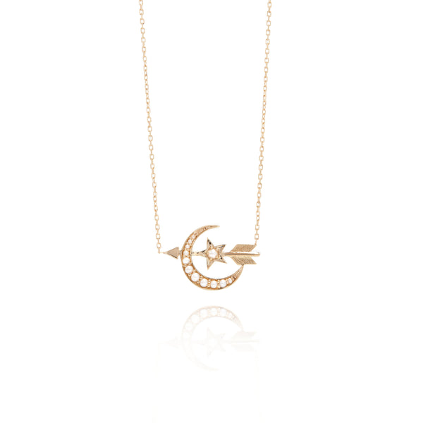 Seed Pearl Crescent Moon and Arrow Necklace