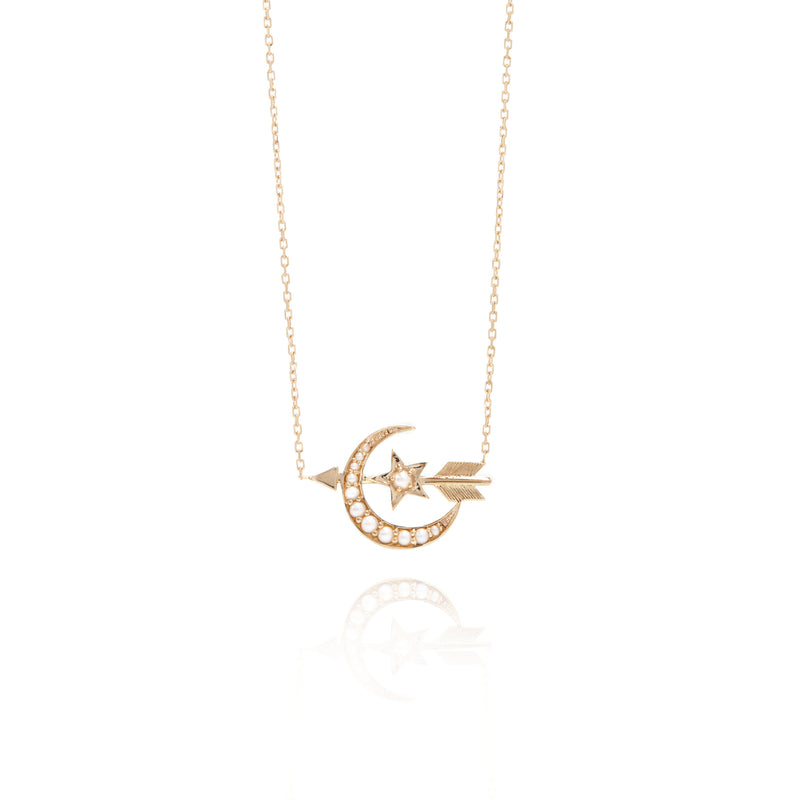 Seed Pearl Crescent Moon and Arrow Necklace