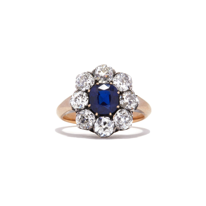 Large Sapphire and Old Mine Cut Cluster Ring