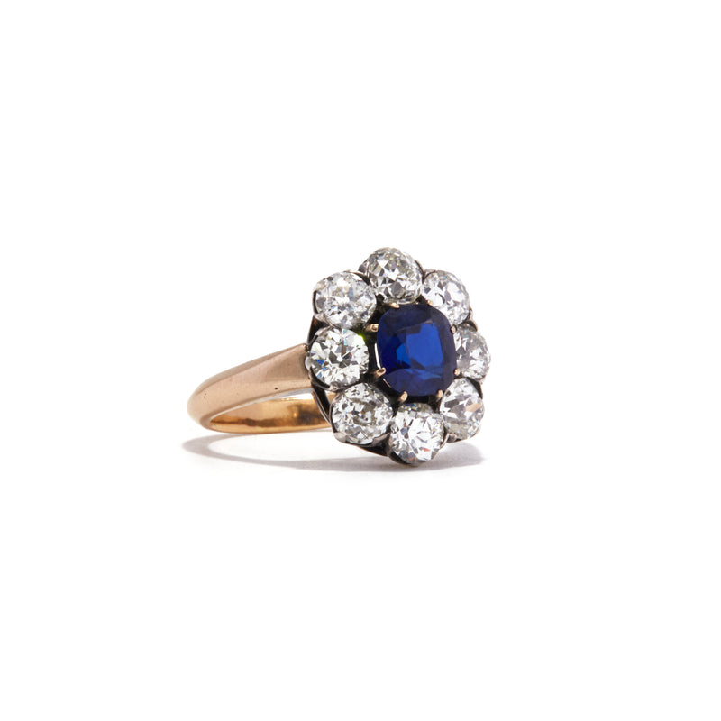 Large Sapphire and Old Mine Cut Cluster Ring