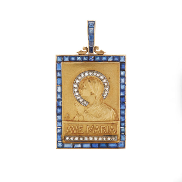 Ave Maria 18K Gold and Sapphire Pendant