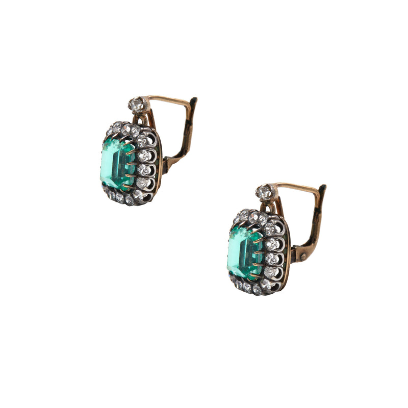 Victorian Emerald and Diamond Halo Earrings