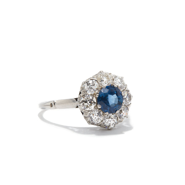 Platinum Edwardian Sapphire and Old Mine Cut Diamond Cluster