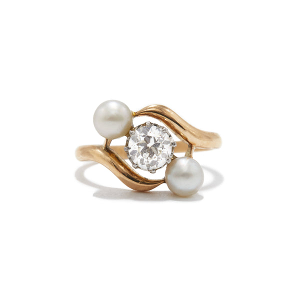 Pearl and Old European Cut Swirl Ring