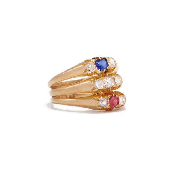 Stacked Diamond Sapphire and Ruby Antique Band