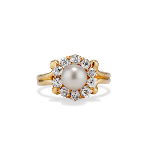 Edwardian Gold Pearl and Old Mine Cut Halo Ring
