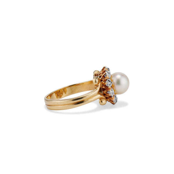 Edwardian Gold Pearl and Old Mine Cut Halo Ring