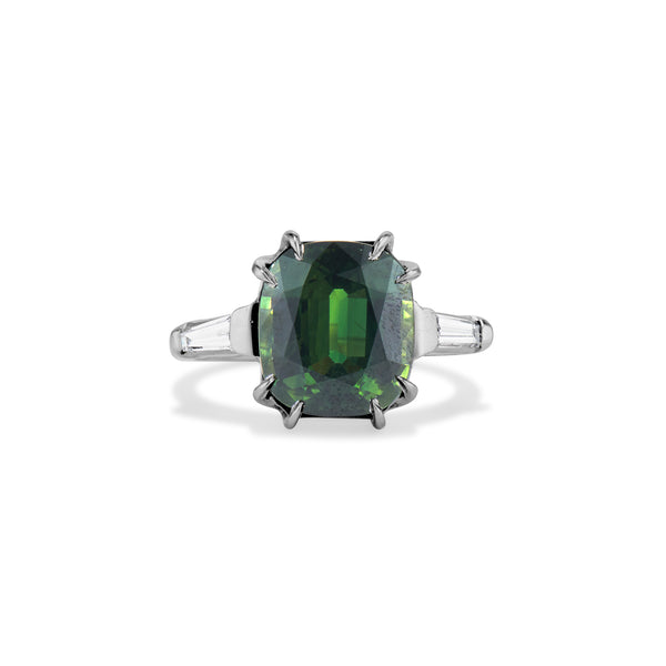 Green Sapphire and Baguette Diamond Ring
