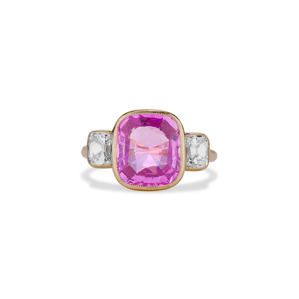 4.00 Carat Rosie Pink Sapphire and Old Mine Cut Diamond Ring