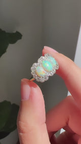 Diamond Halo Three Stone Opal Ring