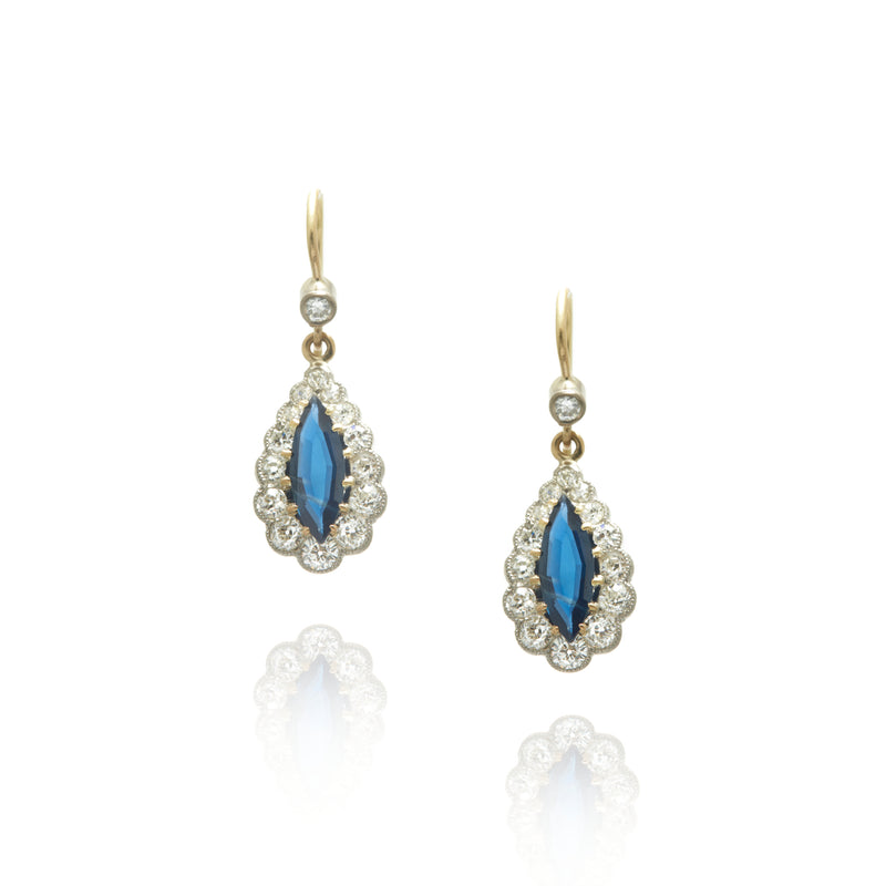 Marquise Sapphire and Old Mine Cut Diamond Drop Earrings