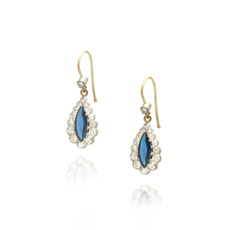 Marquise Sapphire and Old Mine Cut Diamond Drop Earrings
