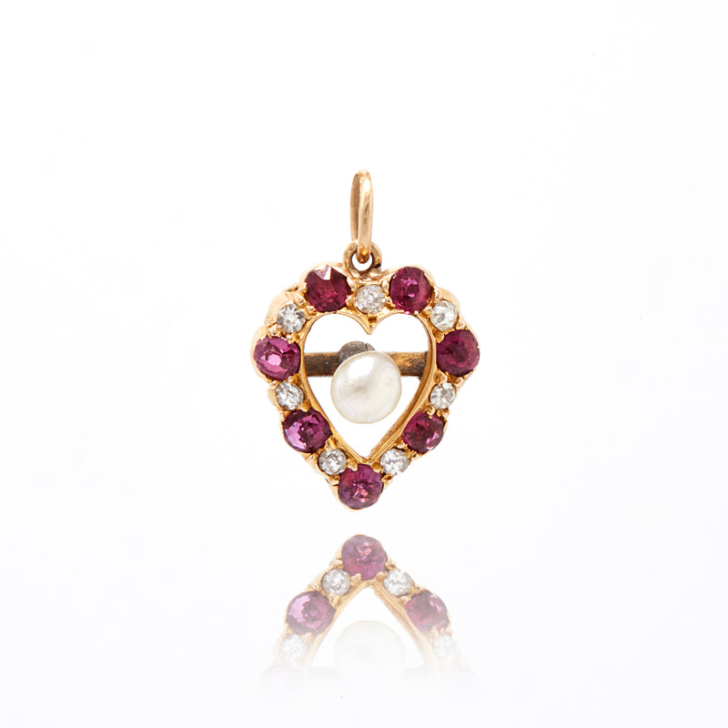 Antique Ruby and Diamond Heart with Pearl Pendant
