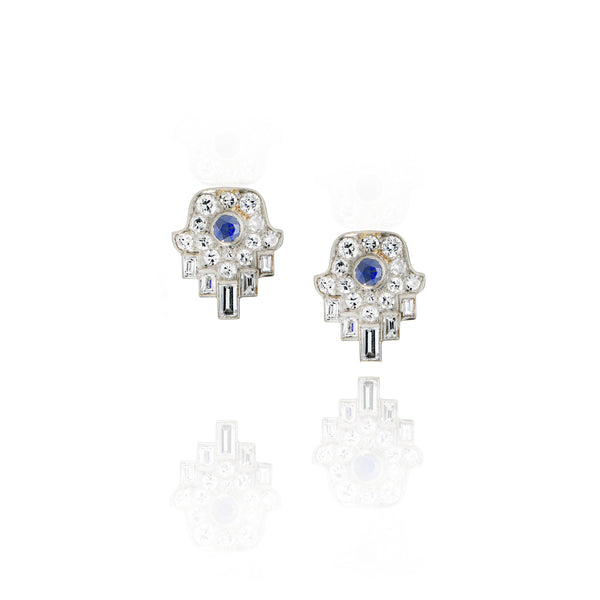 Platinum Deco Diamond and Sapphire Earrings