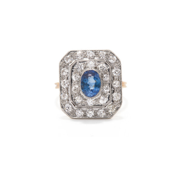 Art Deco Old Mine Cut Double Halo Sapphire Ring