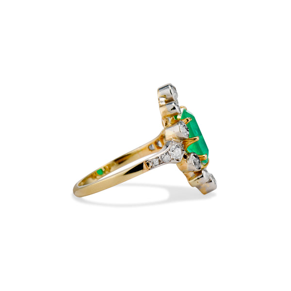Edwardian Green Emerald and Old Mine Cut Diamond Ring