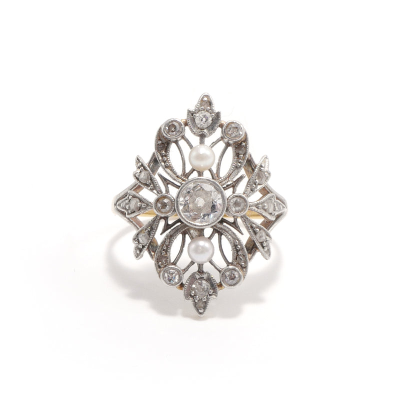Art Nouveau Diamond and Pearl Filigree Ring