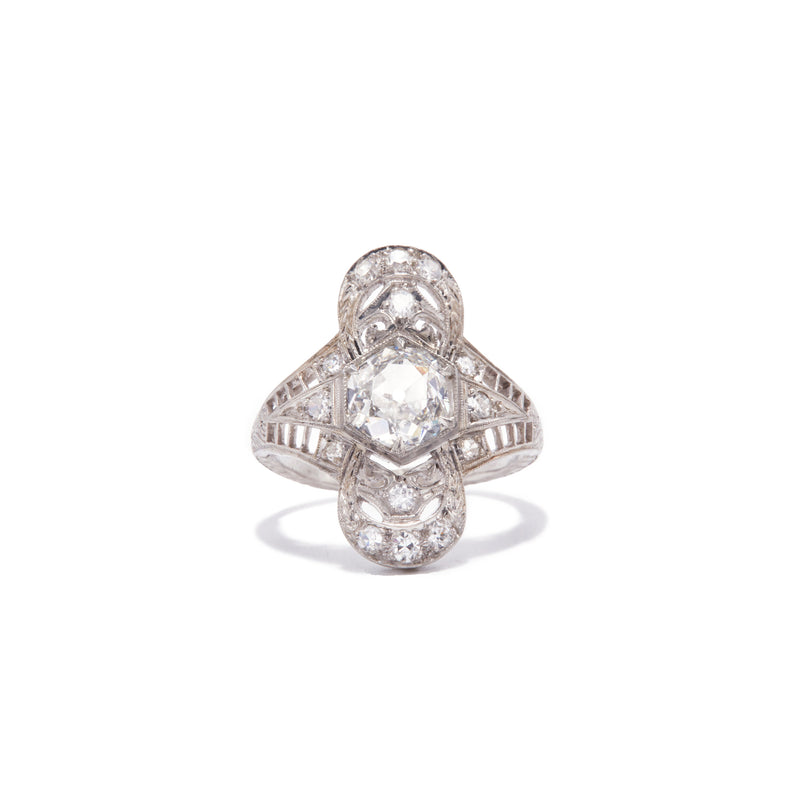 Art Deco Hexagon Diamond and Filigree Ring